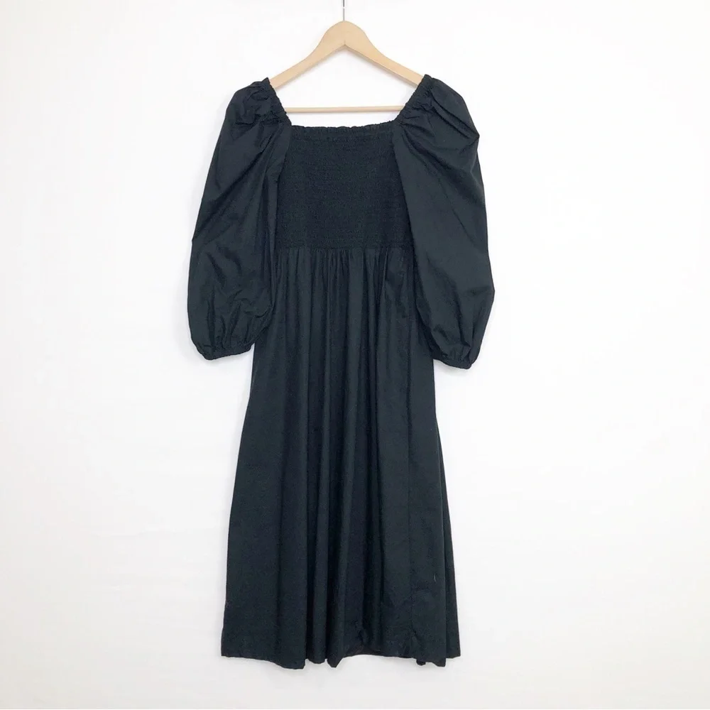 J Crew black smocked bodice puff sleeve, midi dress